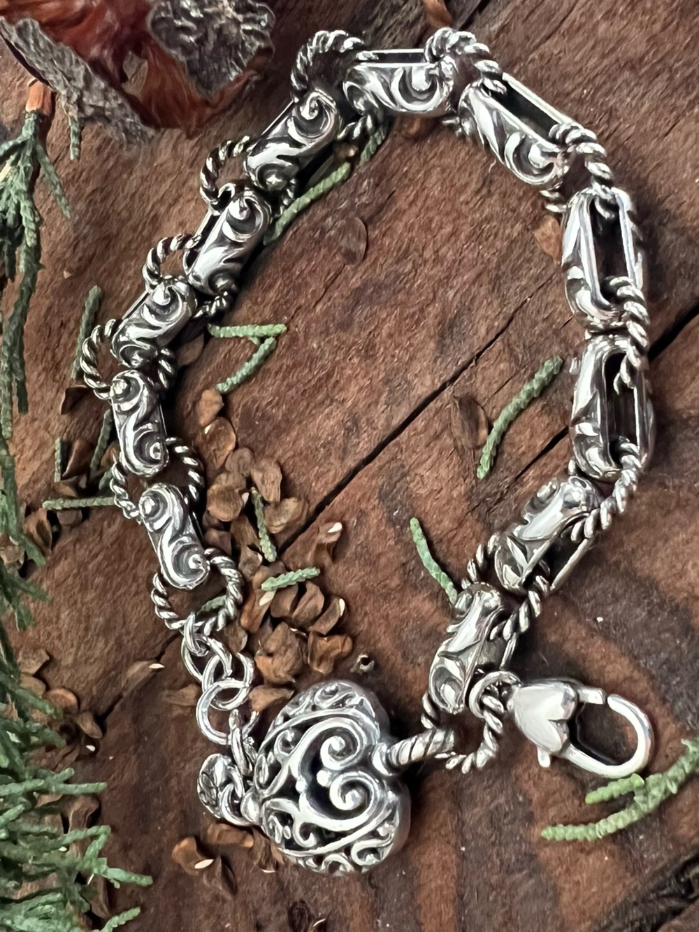 Brighton Silver Ornate Scroll Link Bracelet with Heart Charm
